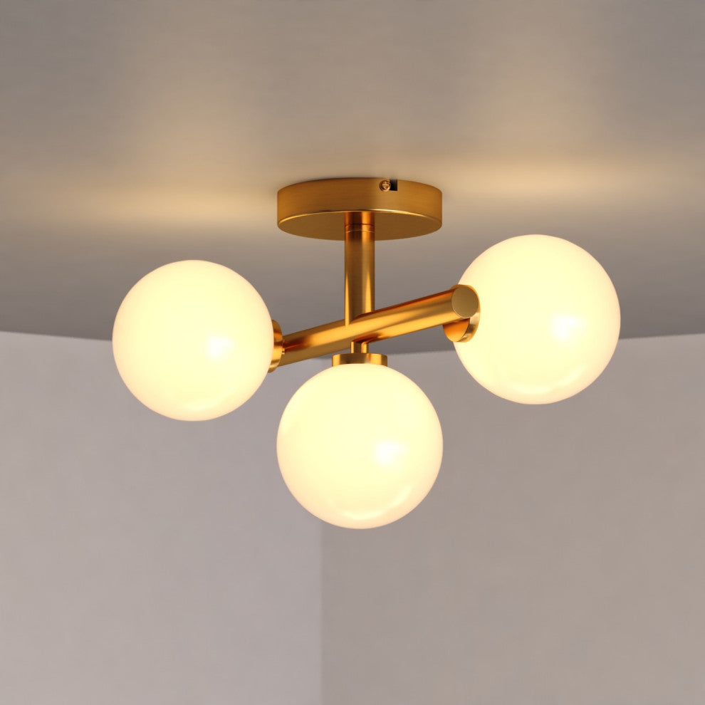 Graham 13"W Gold Brass Semi Flush Ceiling Light Fixture White Frosted Globes
