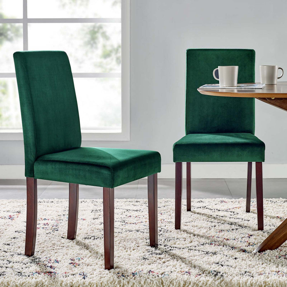 Side Dining Chair, Set of 2, Velvet, Wood, Green, Modern, Cafe Bistro Restaurant