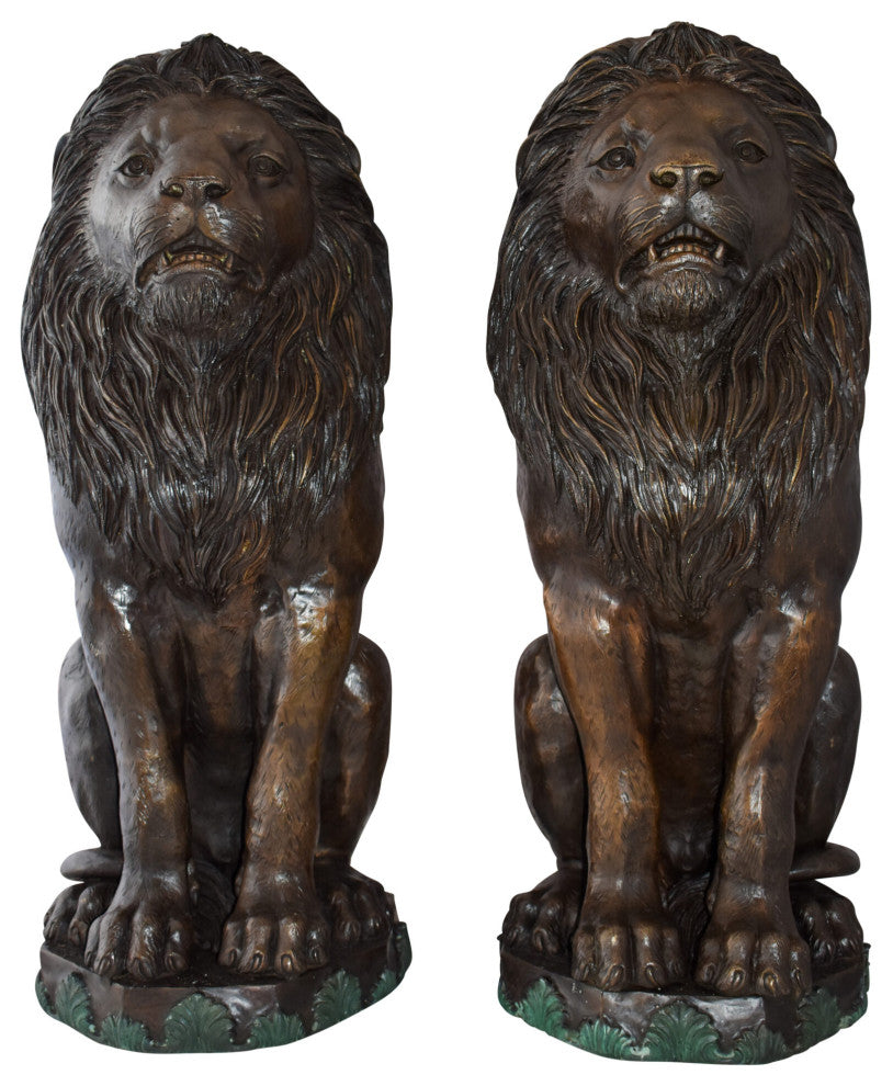 Pair Of Lions Sitting on Base Very Detailed Bronze Statues 13" x 26" x 34"H