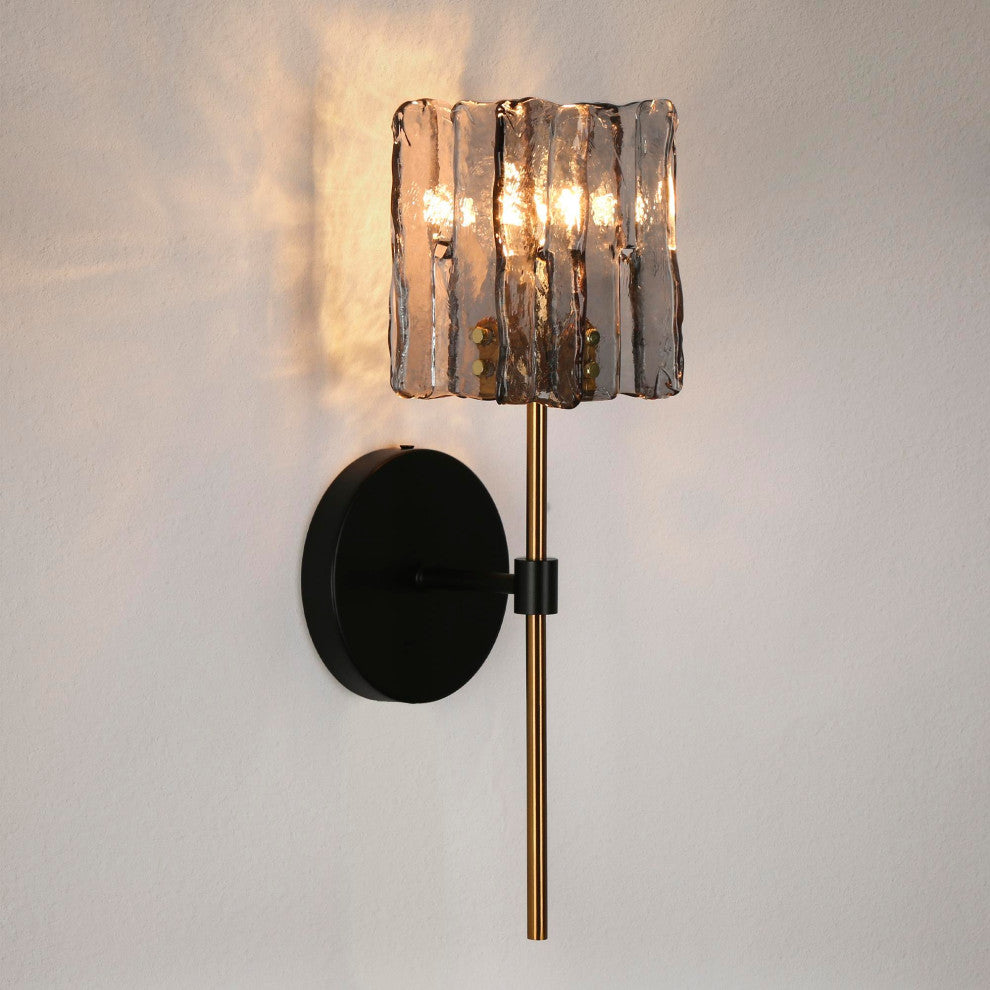 LNC Tucana Polished Gold and Matte Black Modern Wall Sconce, Textured Glass, 1 Light