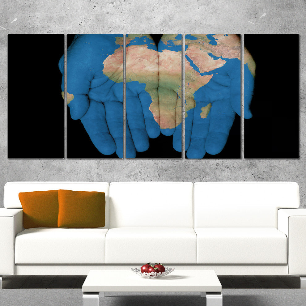 African Map in Our Hands, Abstract Canvas Artwork, 60"x28", 5 Panels