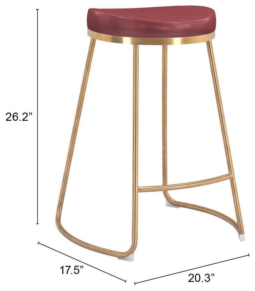 Counter Stool Chair, Set of 2, Faux Vinyl Leather, Steel, Burgundy, Gold, Cafe