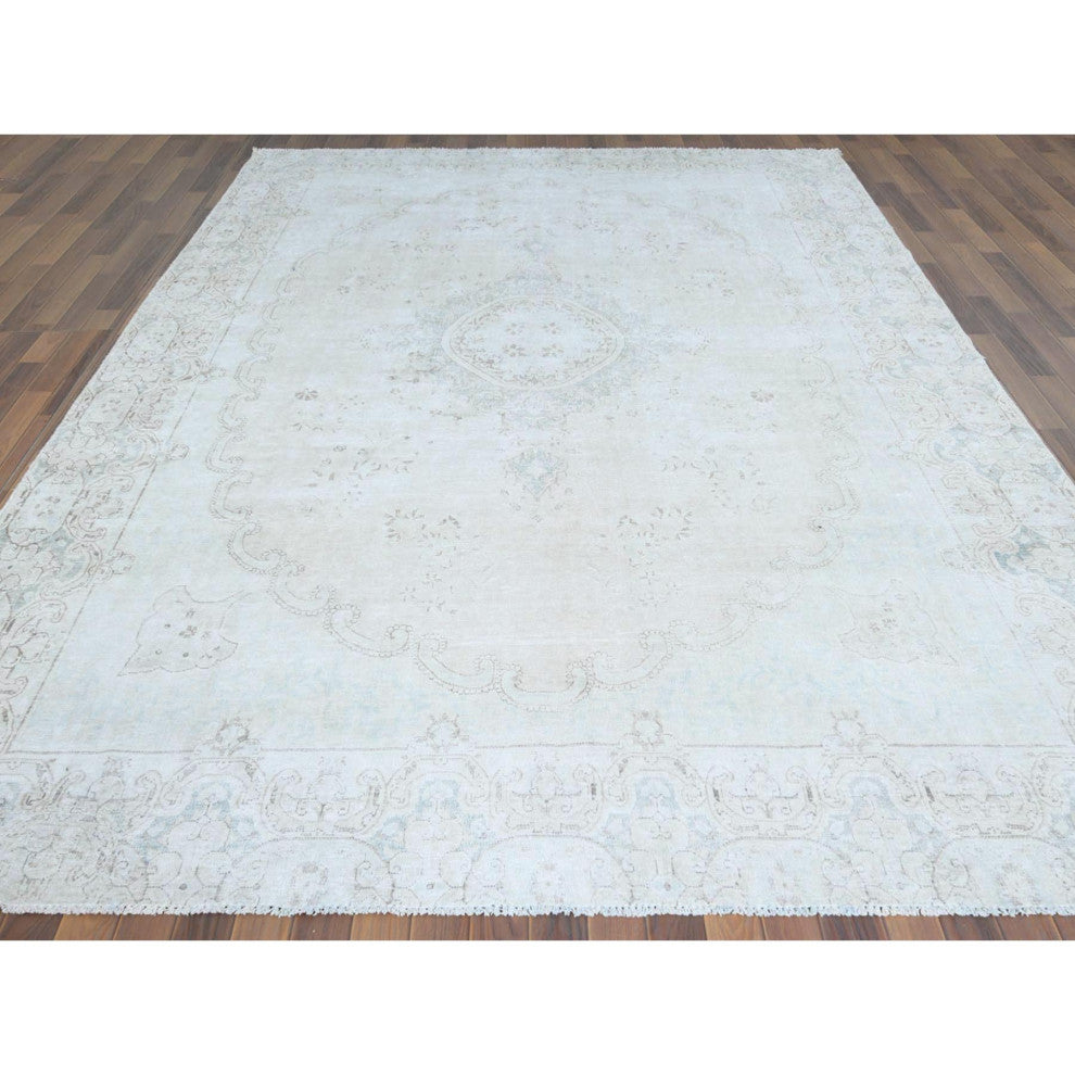 Cropped Thin, Hand Knotted, Ivory, Vintage Persian Kerman, Wool Rug 8'8" x 12'0"
