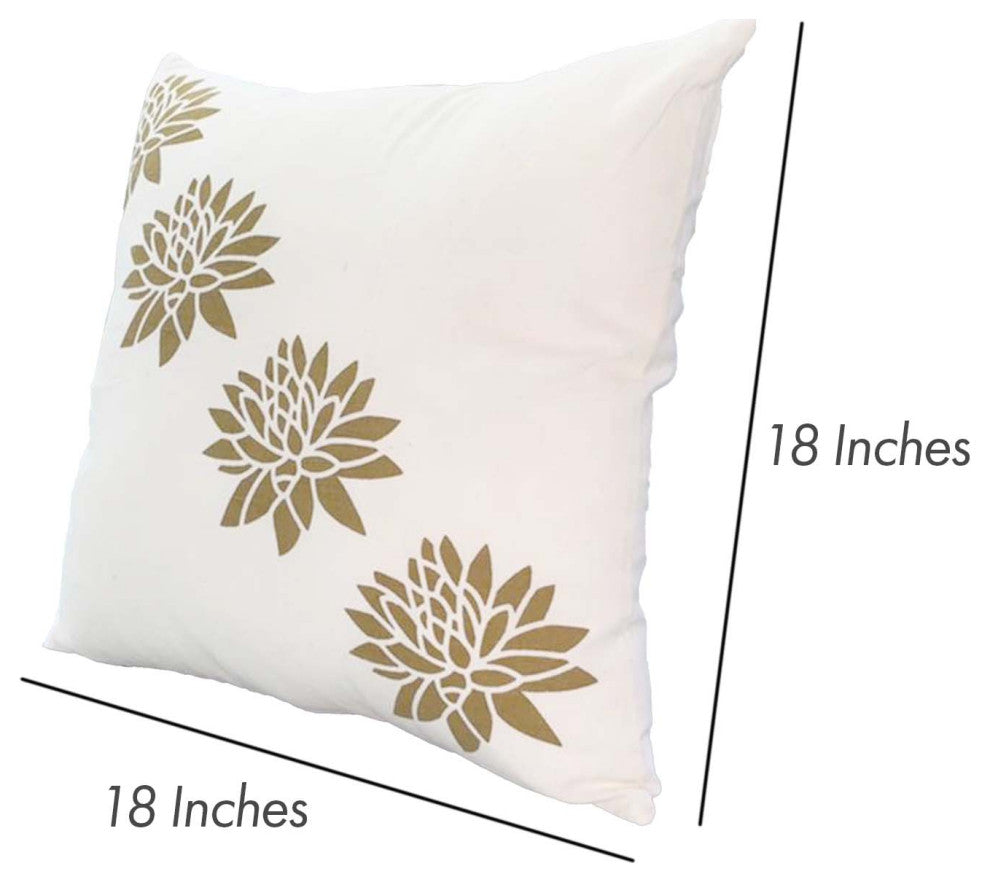 Benzara UPT-268971 Accent Pillow, Soft Cover, Printed Lotus Flower, Gold, White