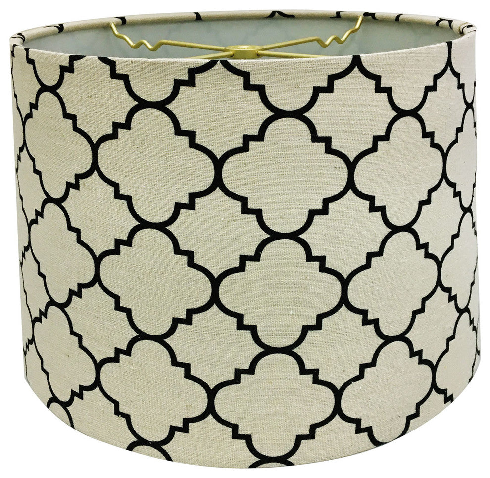 Linen Eggshell and Black Moroccan Print Shallow Drum Hardback Lamp Shade