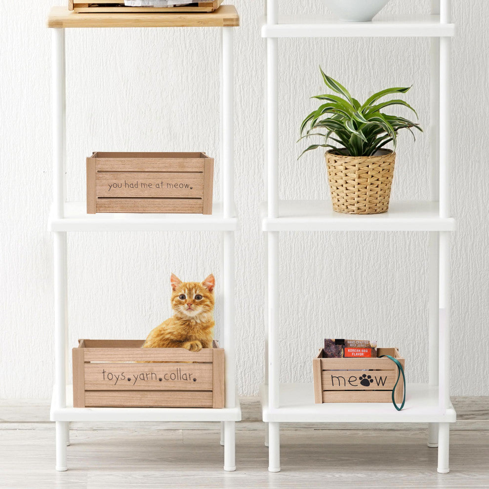 Addie Joy Cat-Themed Wood Storage Crate Organizer Set of 3 - Brown