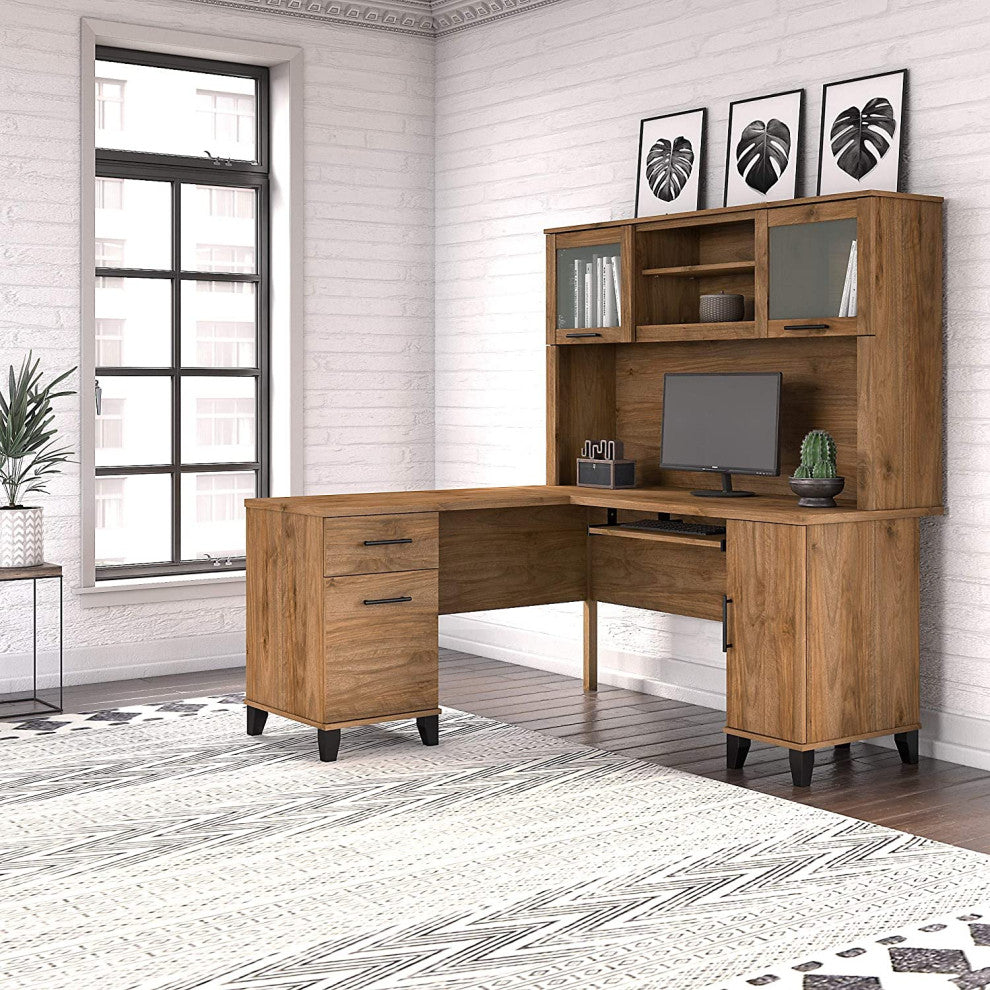 Transitional Desk, L-Shaped With Hutch, Perfect for Space Saving, Fresh Walnut