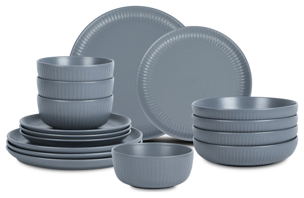 Stone Lain Logan Stoneware 16 Piece Dinnerware Set With Pasta Bowls, Grey