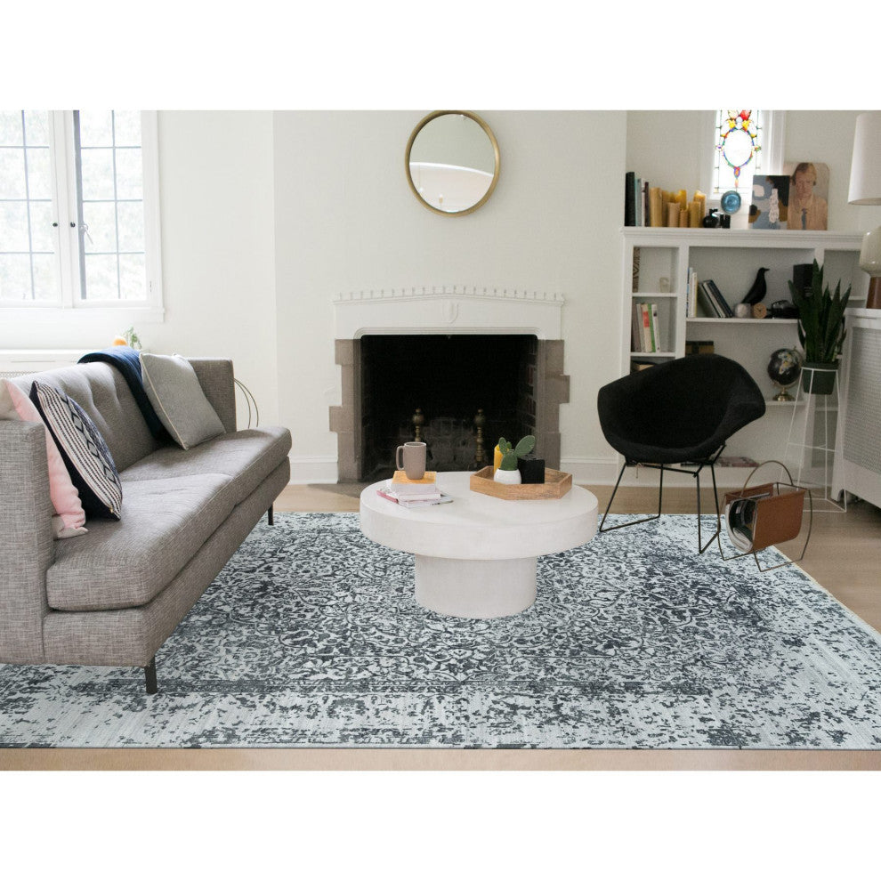 Ice Gray Wool and Silk Broken Design Hand Knotted Oriental Rug, 9'x12'2"