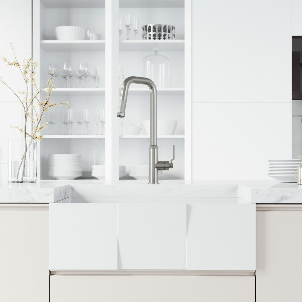 VIGO Hart Angular 18" H Single Handle Pull-Down Kitchen Faucet, Stainless Steel, Without Extras