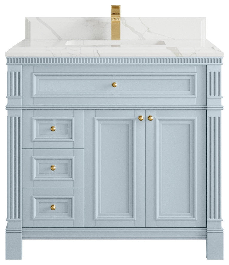 Paris 36" Center Sink Bathroom Vanity, Blue Heather 1.5" Calacatta Laza