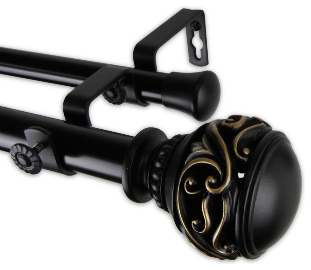 Claudia 1" Double Curtain Rod, Black, Black, 66"-120"