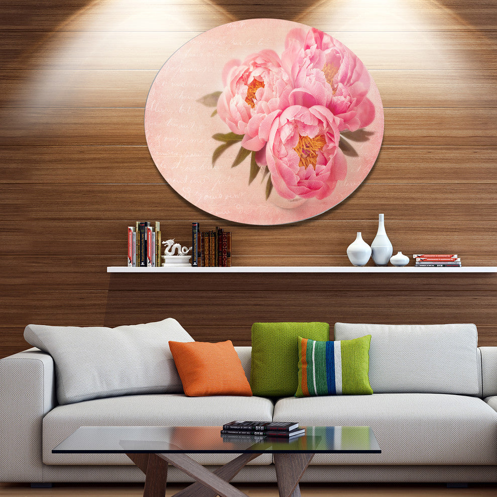 Peony Flowers Against Scribbled Back, Floral Round Wall Art, 23"