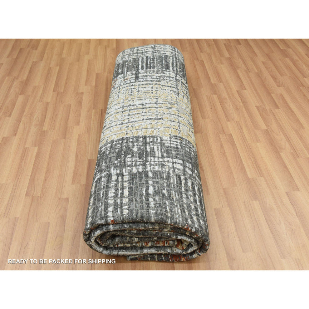 Jet Black, Organic Wool Hand Knotted, Abstract Design Oriental Rug, 9'0"x12'4"