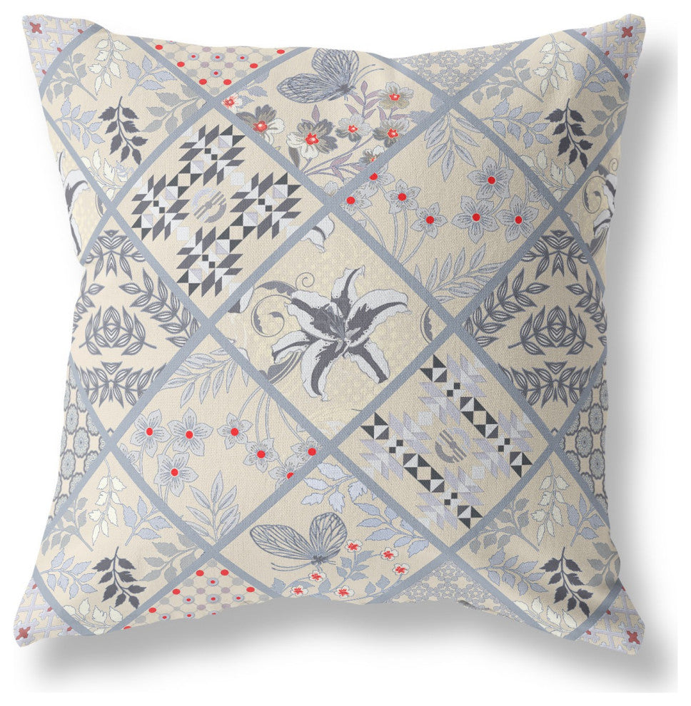 20 Cream Gray Patch Indoor Outdoor Throw Pillow