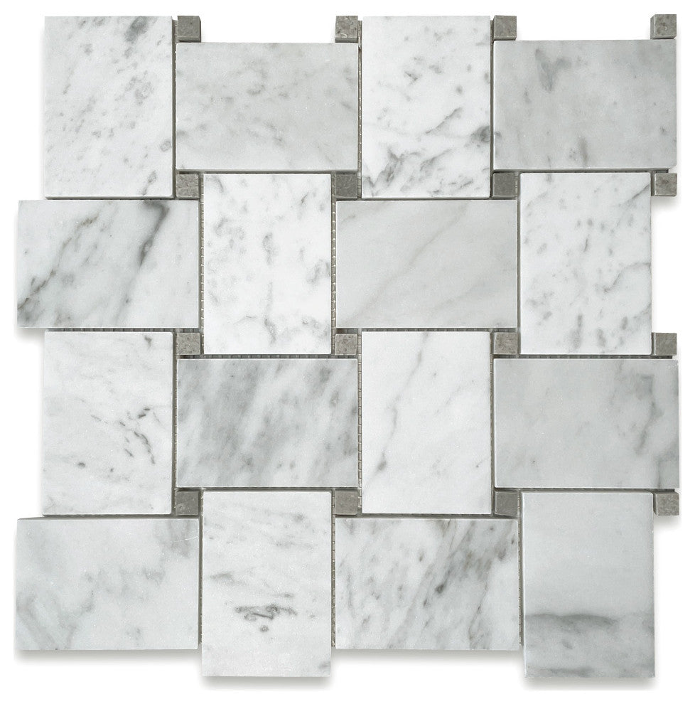 Carrara Marble Wide Basketweave Mosaic Tile Gray Dots Carrera Honed, 1 sheet
