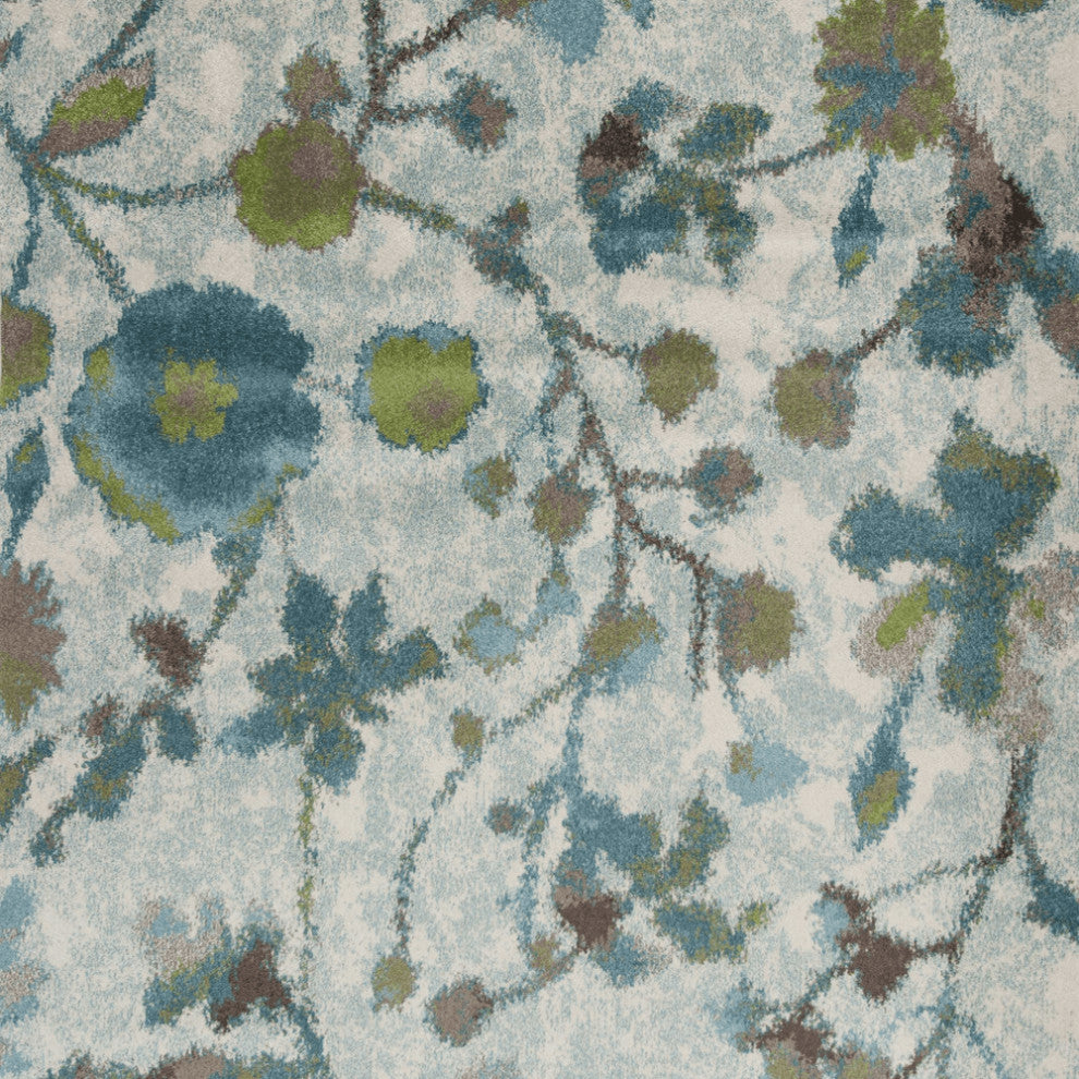 5'X8' Teal Blue Machine Woven Floral Indoor Area Rug