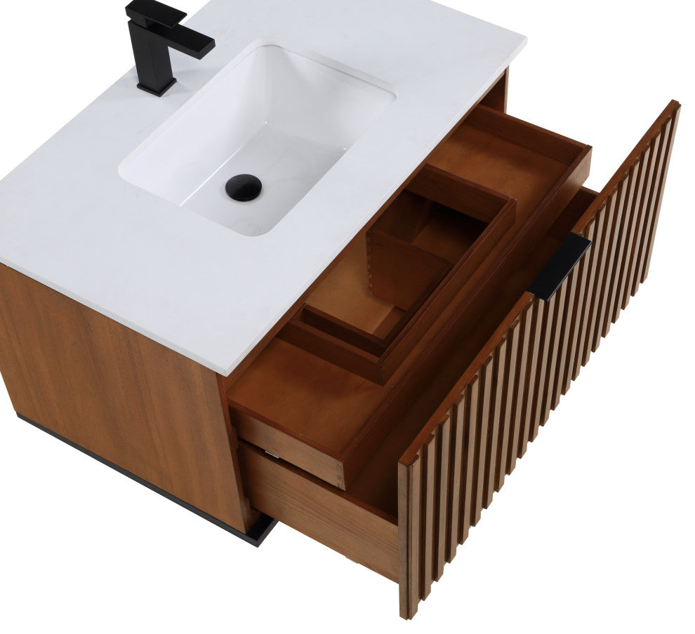 Terra Bathroom Vanity, Walnut/Matte Black With White Quartz, 36", White Quartz Top