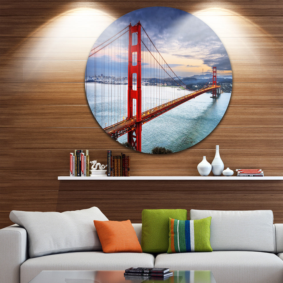 Golden Gate Under Cloudy Sky, Sea Bridge Round Wall Art, 23"
