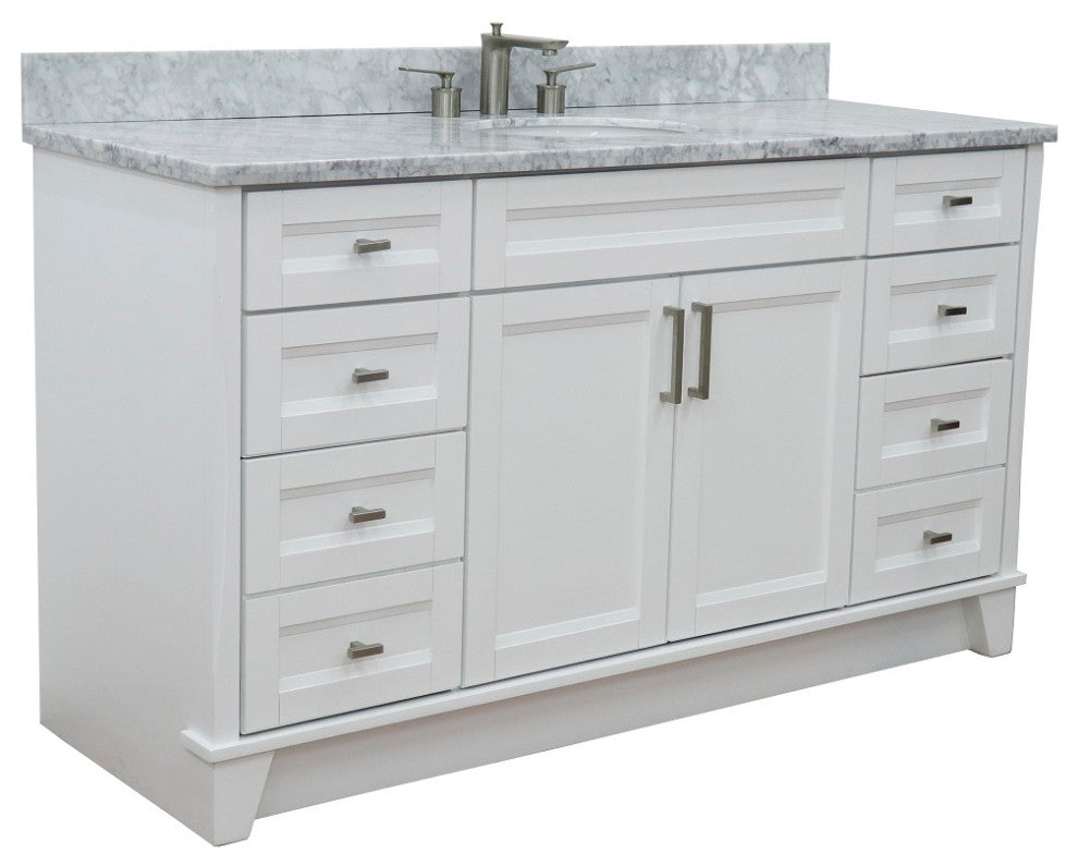 61" Single Sink Vanity, White Finish And White Carrara Marble And Oval Sink