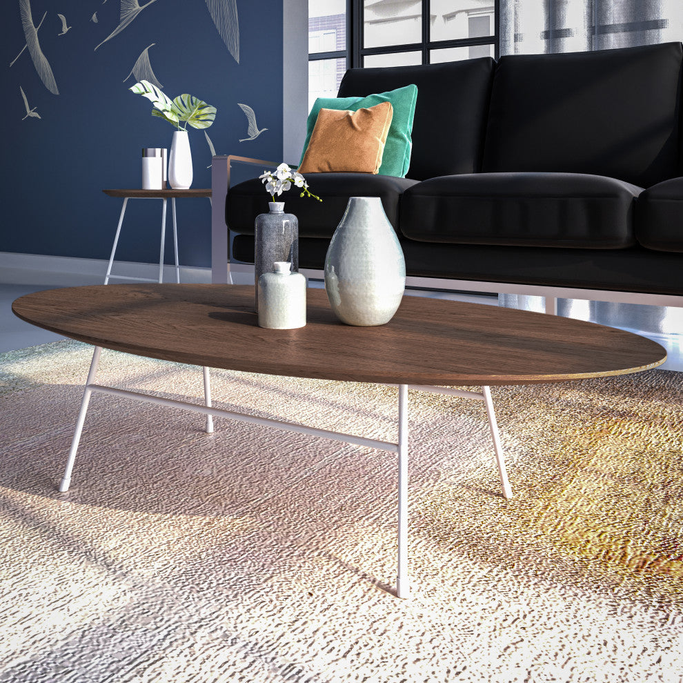 LeisureMod Rossmore Oval Coffee Table With White Steel Frame, Walnut