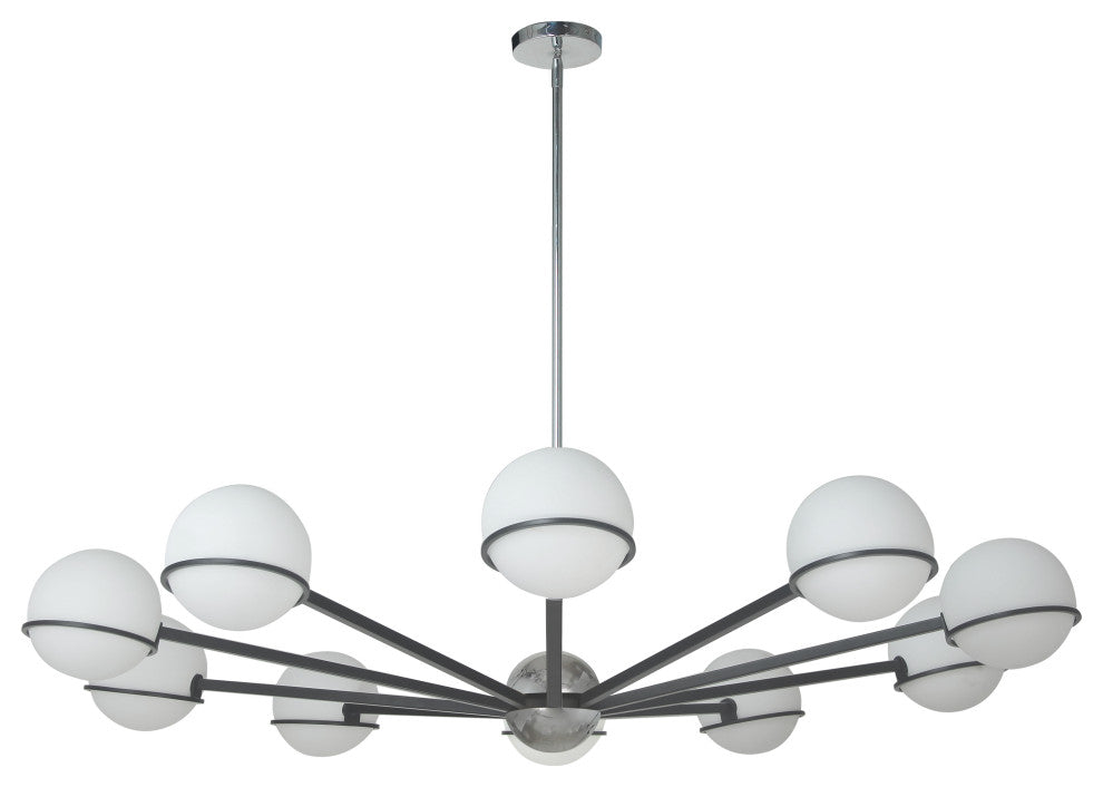 Matte Black and Polished Chrome Modern Chandelier With White Glass