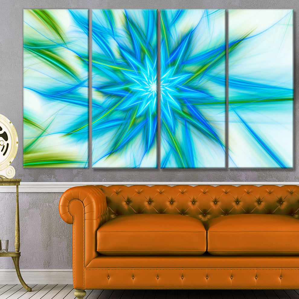 Blue Fractal Shining Bright Star, Abstract Canvas Art Print, 48"x28", 4 Panels