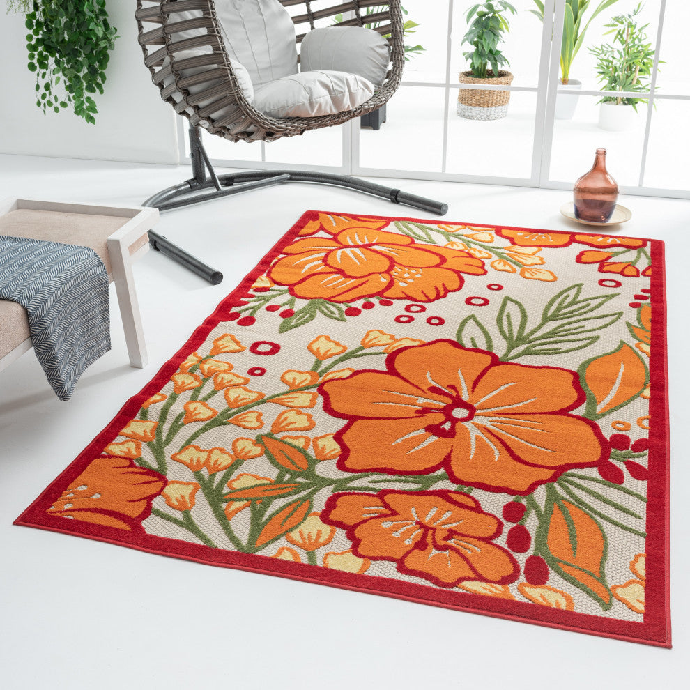 Mahalo Hibiscus Floral High-Low Indoor Outdoor Area Rug - 5' x 8'