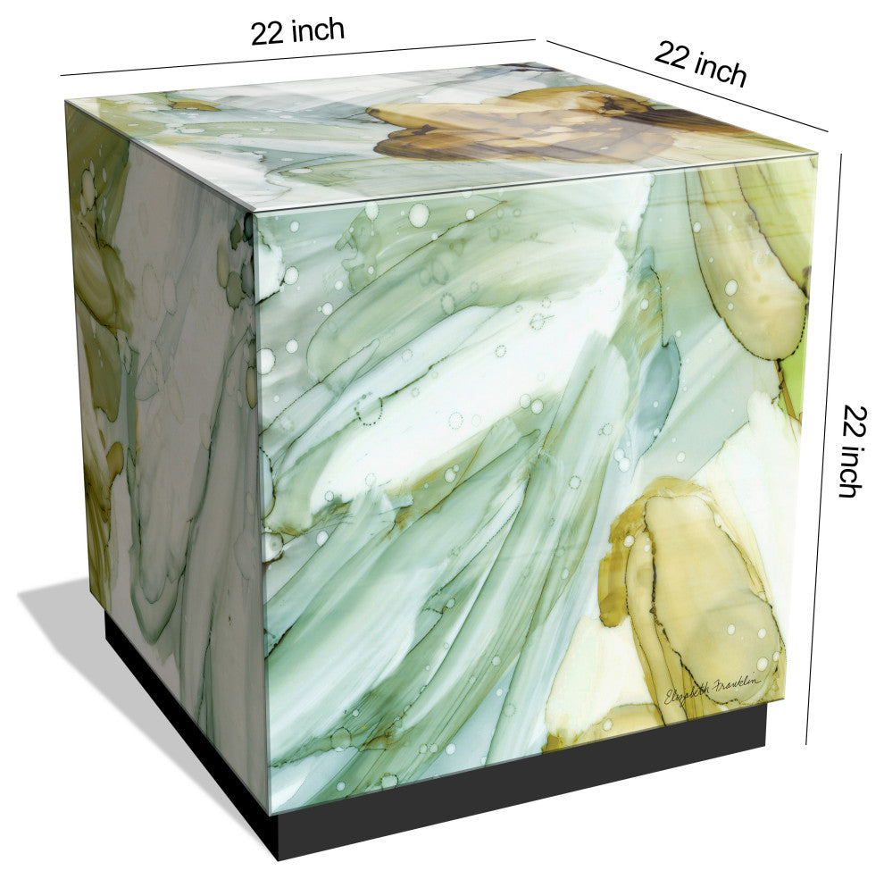 "Seaglass Garden I" Reverse Printed Art Glass Side Table with Black Plinth Base