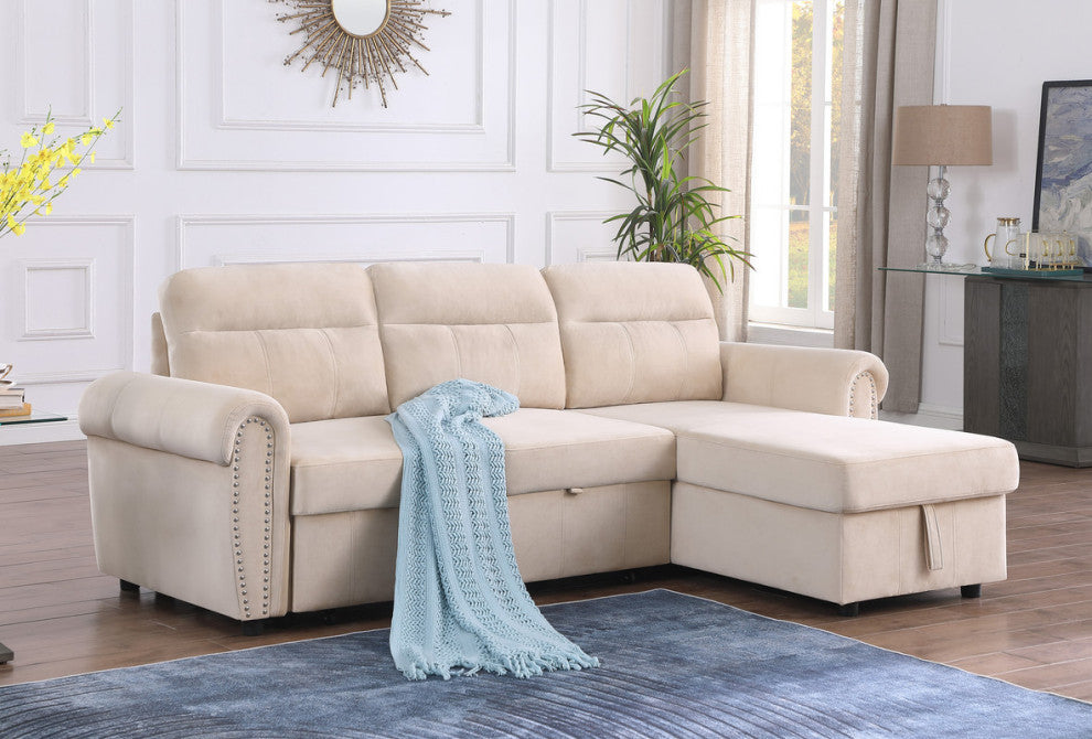 Ashton Velvet Fabric Reversible Sleeper Sectional Sofa Chaise, Beige