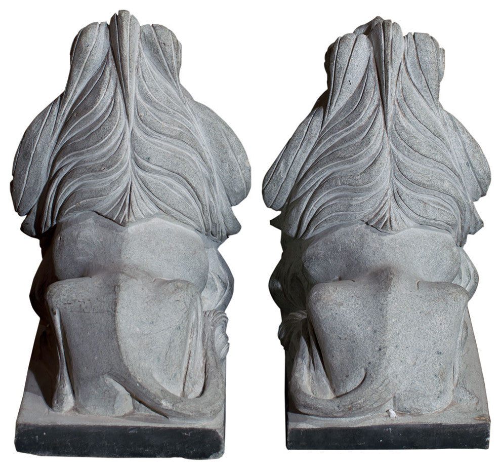 11"Stone Chinese Lion Couchant Statue Set