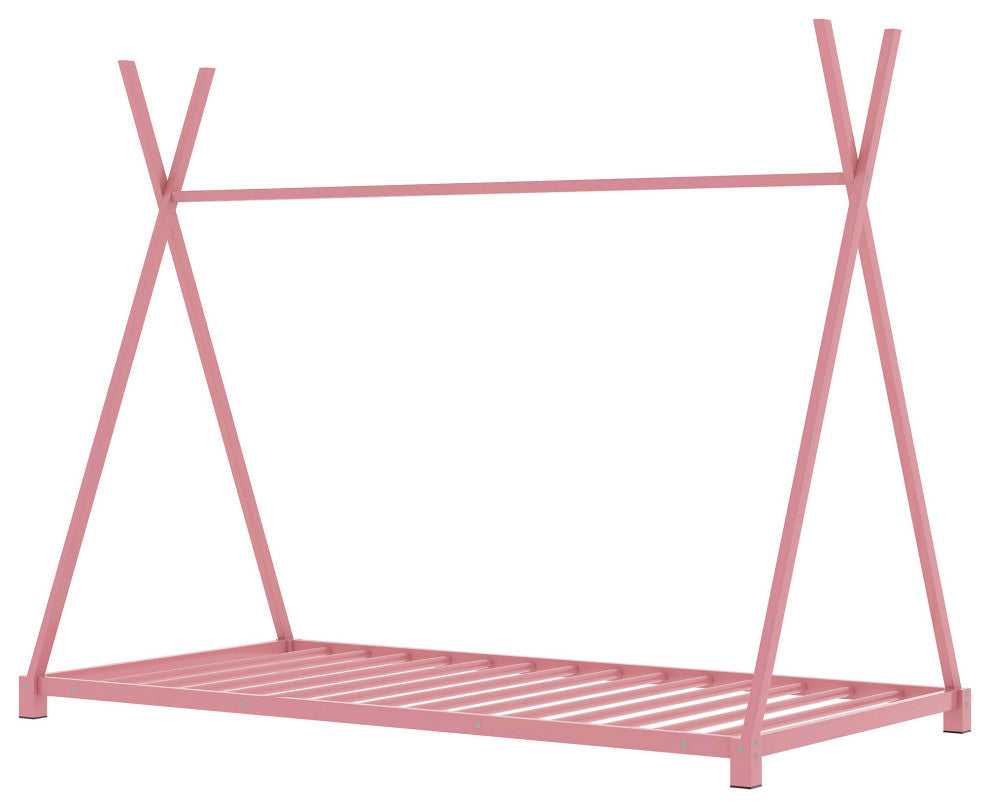 Metal Twin Size House Platform Bed with Triangle Structure, Pink
