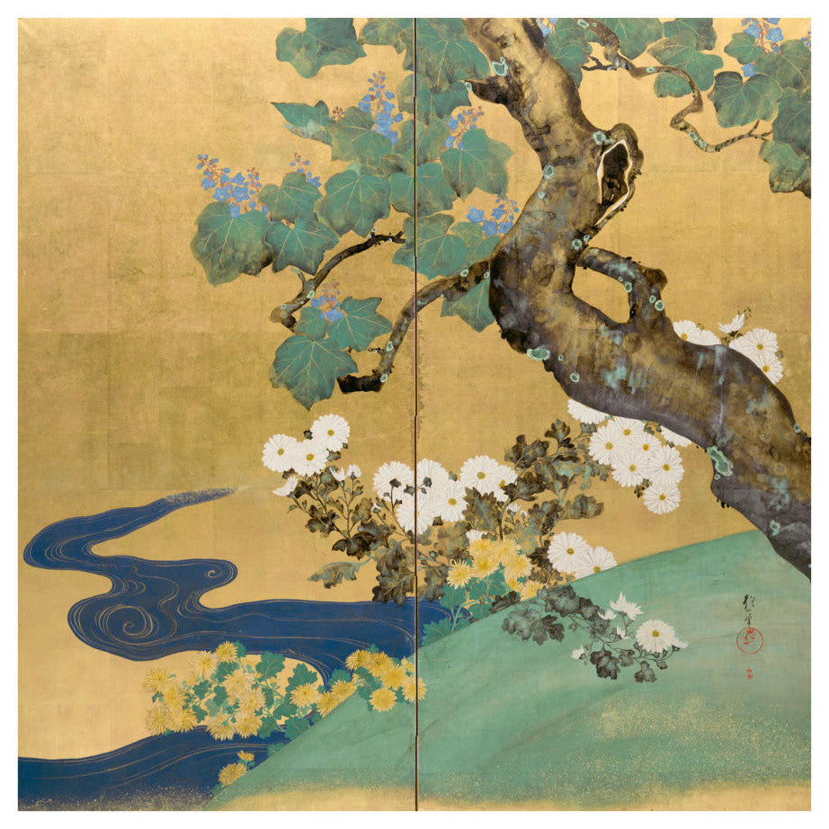 "Paulownias and Chrysanthemums, late 1700s-early 1800s" Paper Art, 32"x32"