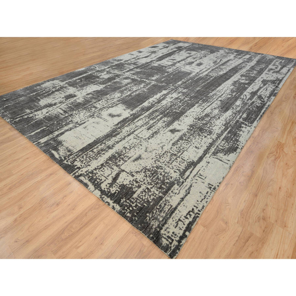Black, Modern Design, Wool and Silk, Hand Loomed, Oversized, Rug, 12'0" x 18'1"