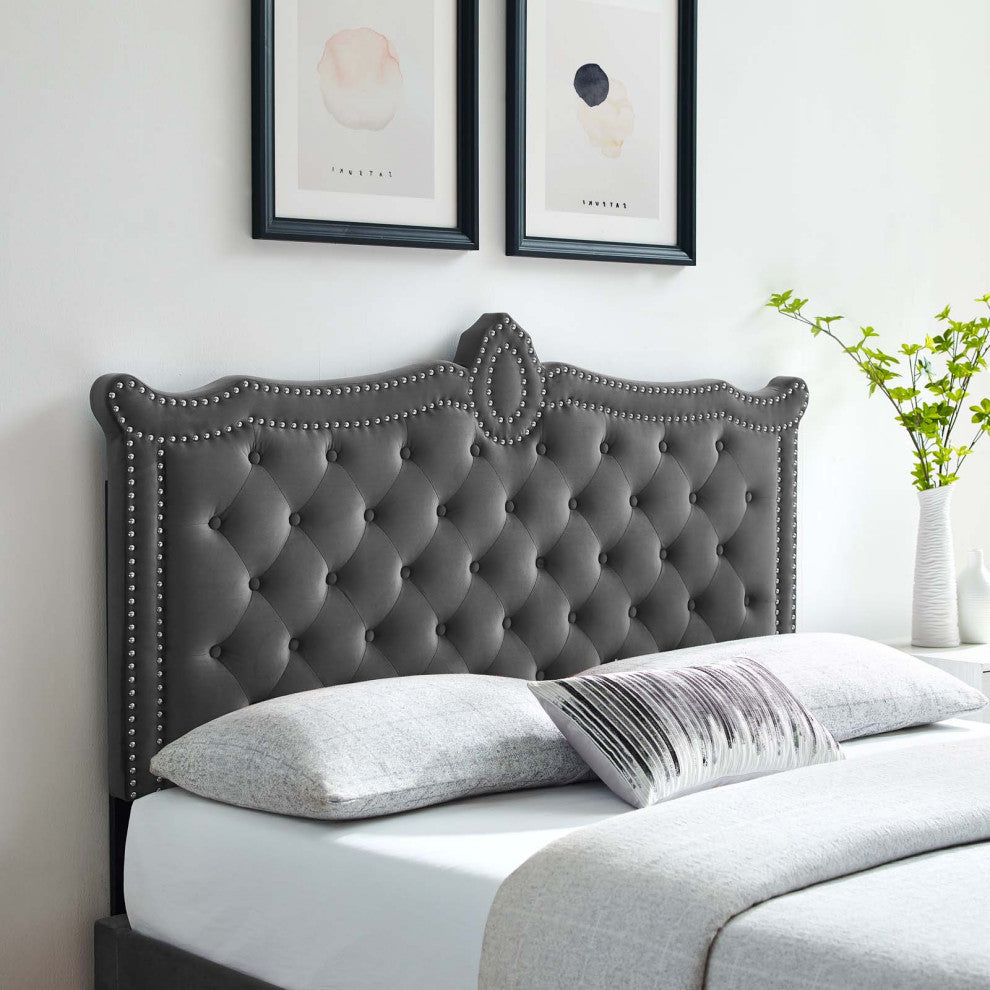 Tufted Headboard, Nailhead, Twin Size, Charcoal Gray, Velvet, Modern