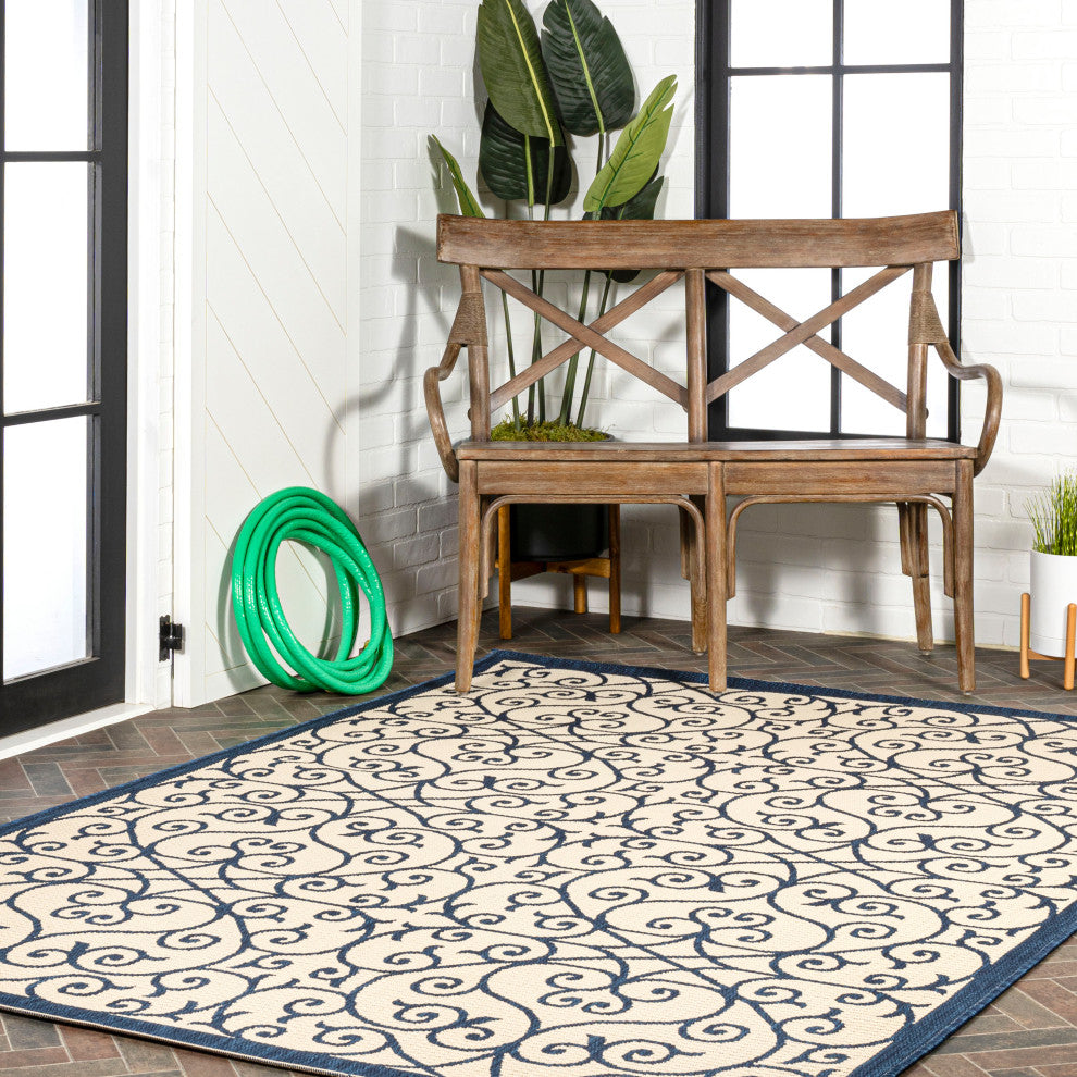 Madrid Vintage Filigree Textured Weave Indoor/Outdoor, Navy/Beige, 3 X 5