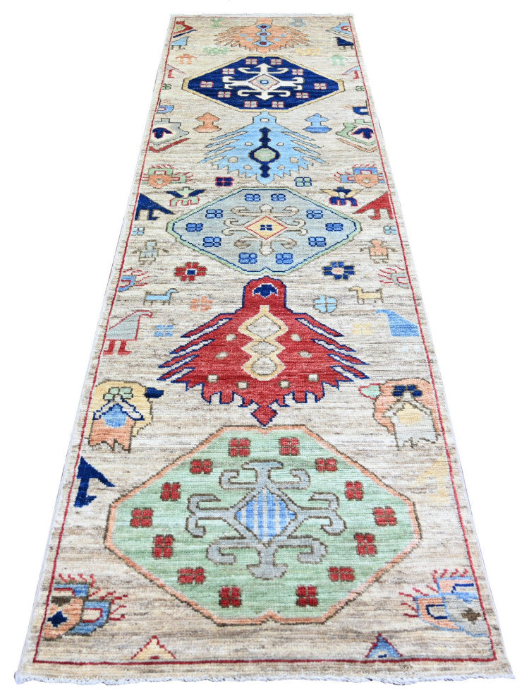 Tan Anatolian Village Inspired Design Wool Hand Knotted Runner Rug 3'x10'