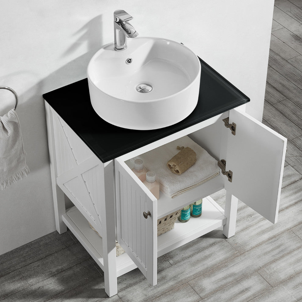 28"? Vanity in White with Glass Countertop with White Vessel Sink Without Mirror
