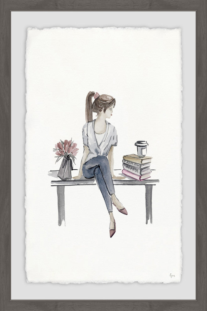 "Pretty Girl Sitting on a Bench" Framed Painting Print, 16"x24"