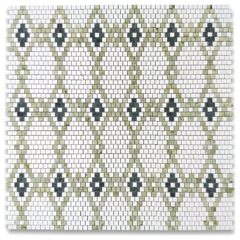 Thassos White Marble Square Diamond Mosaic Tile w/ Green Marble Honed, 1 sheet