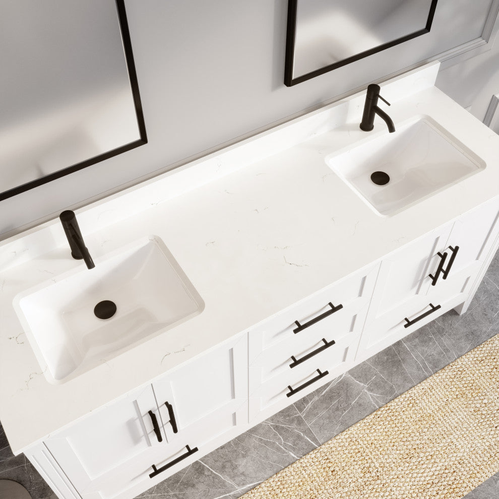 Houston 72" Double Vanity With Power Bar and Drawer Organizer, White