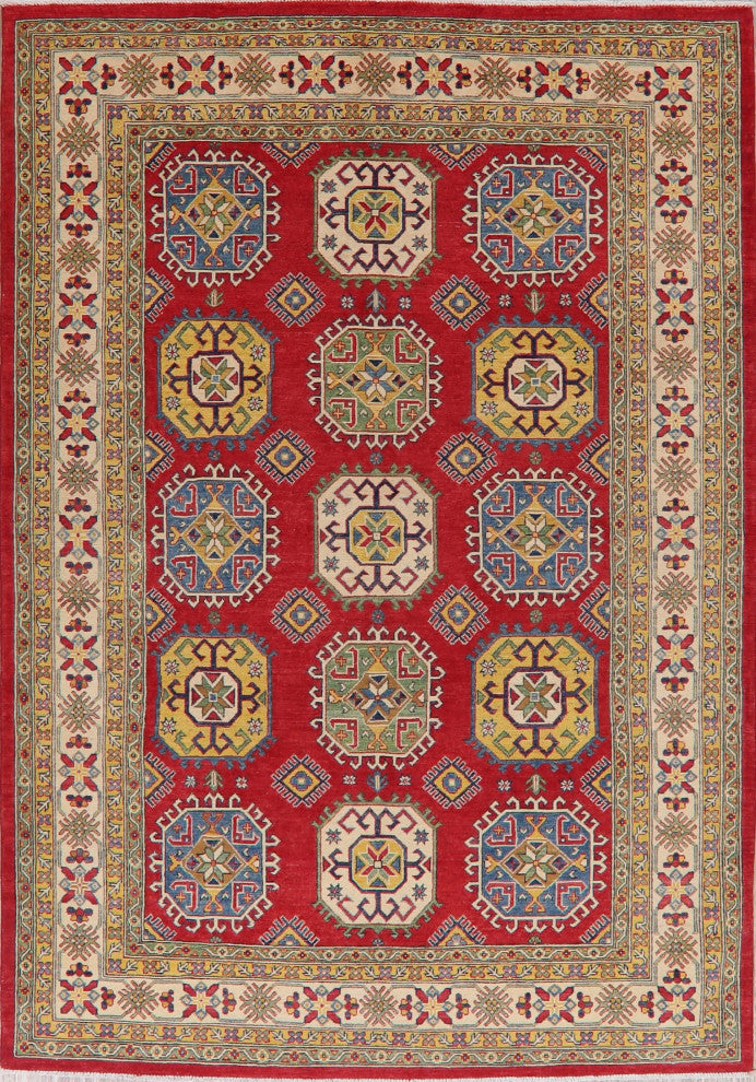 Traditional Oriental Hand-Knotted Pakistani Kazak Area Rug Bordered, 7 X 10 Ft.