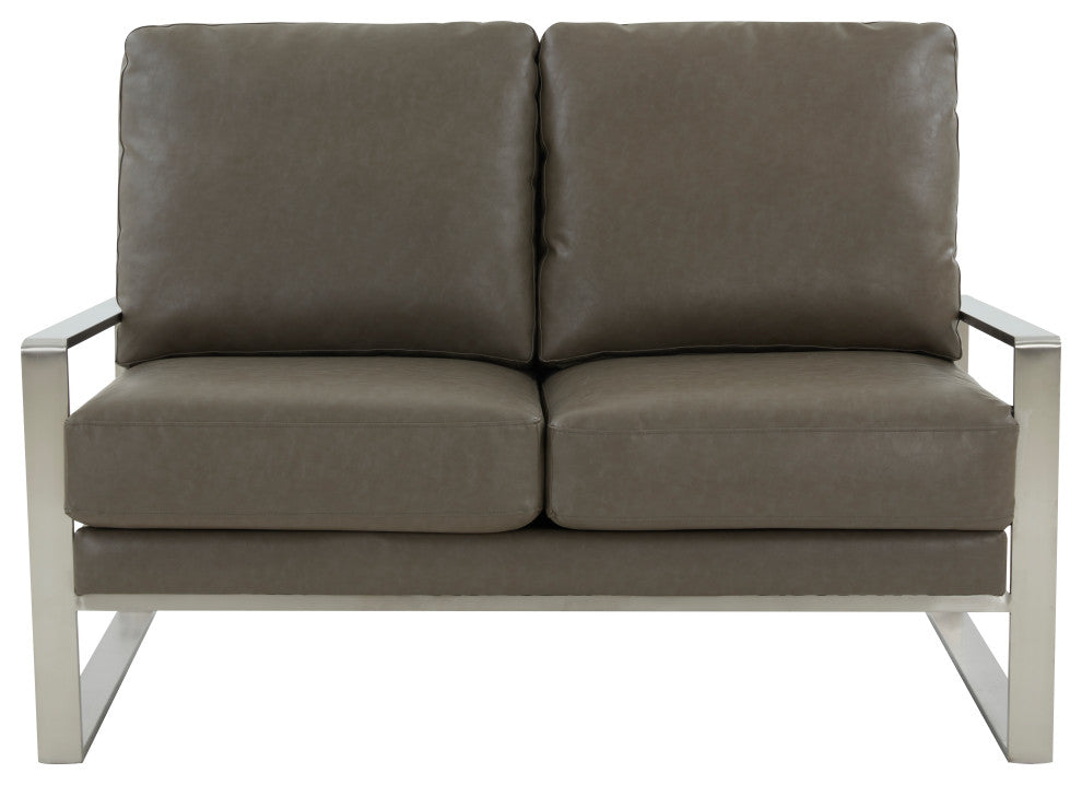 LeisureMod Jefferson Modern Faux Leather Loveseat With Silver Frame, Gray
