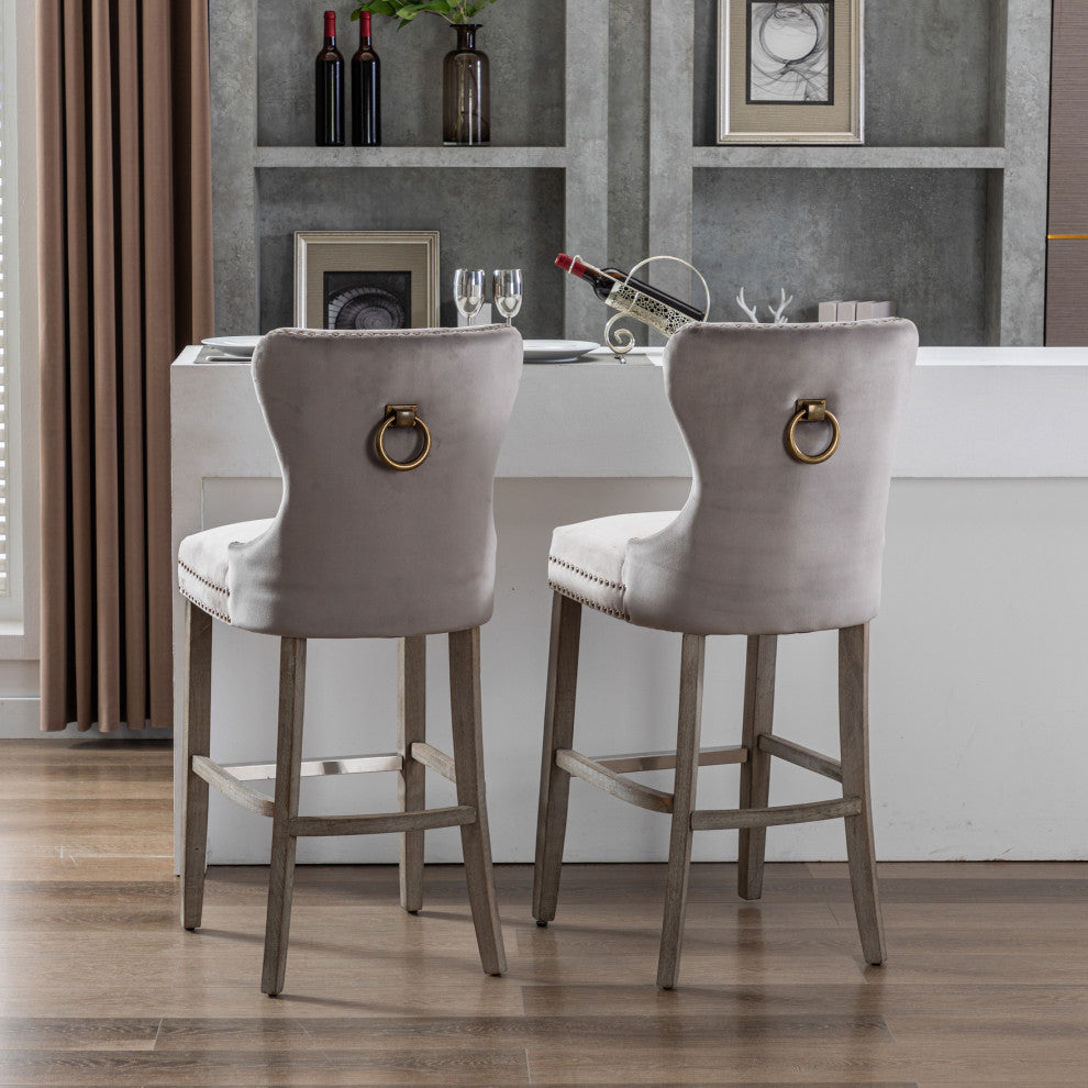 WestinTrends 2PC 29" Bar Height Wingback Velvet Bar Stool Set, Antique Gray, Velvet Gray