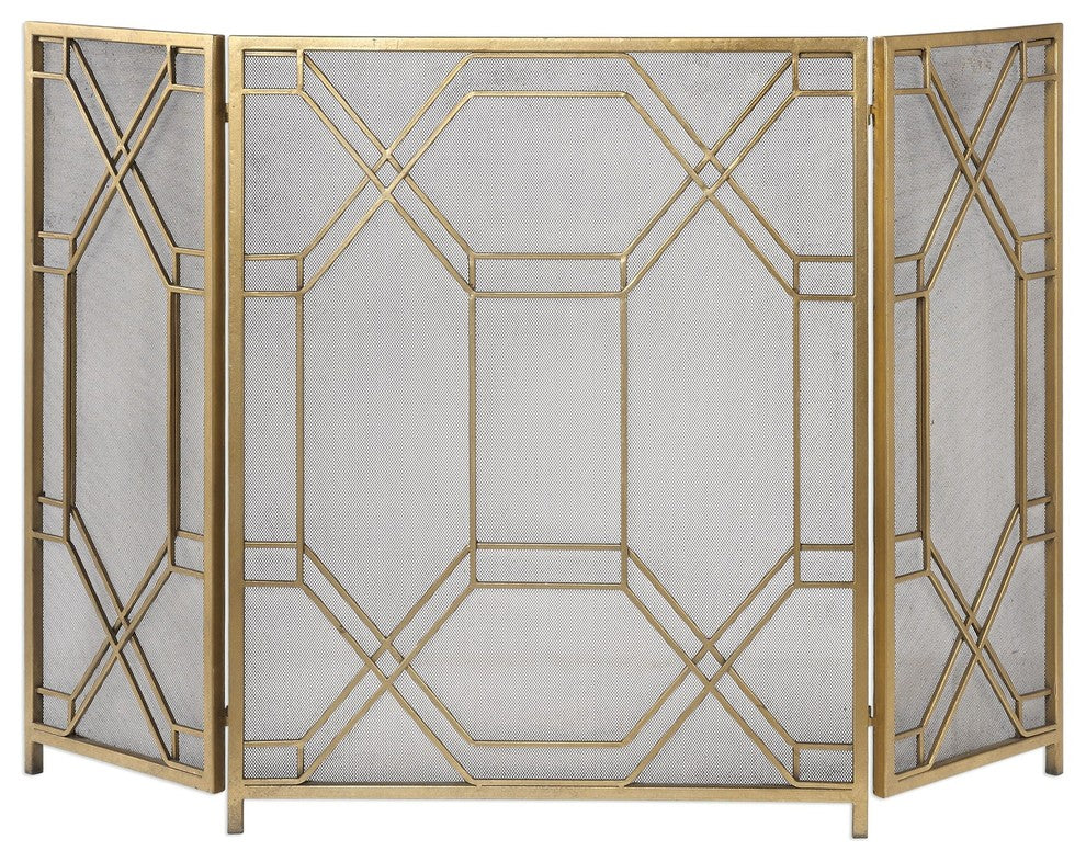 Mid Century Modern Geometric Fretwork Fireplace Screen Firescreen Gold Retro