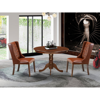 3Pc Kitchen Set, 1 Pedestal Table, 2 Brown Upholstered Chairs, Mahogany Finish