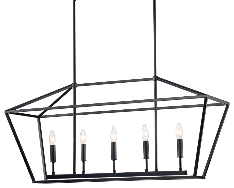 5-Light Matte Black Linear Lantern Pendant Light Cage Chandelier