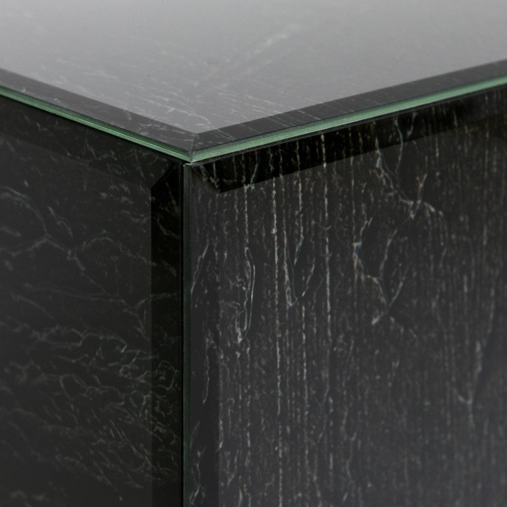 "Ode an Kline" Printed Art Glass Cocktail Table with Black Plinth Base Set of 2