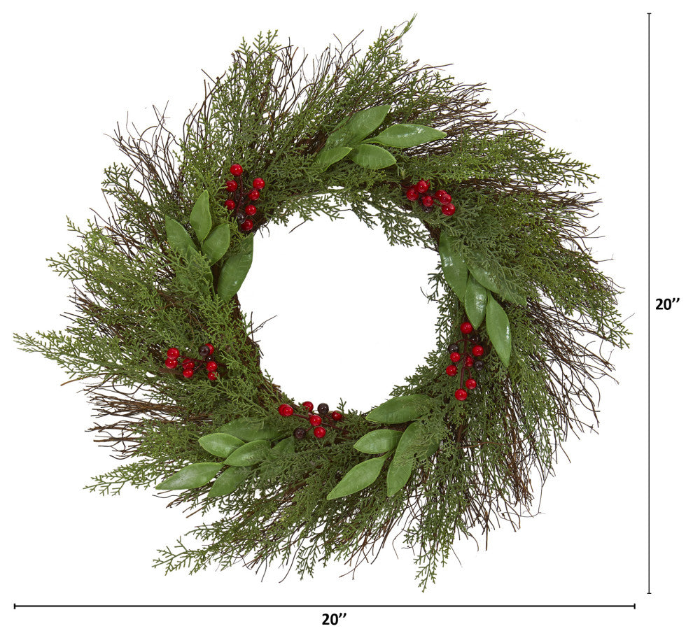 Nearly Natural NN4362 20" Cedar and Ruscus With Berries Artificial Wreath