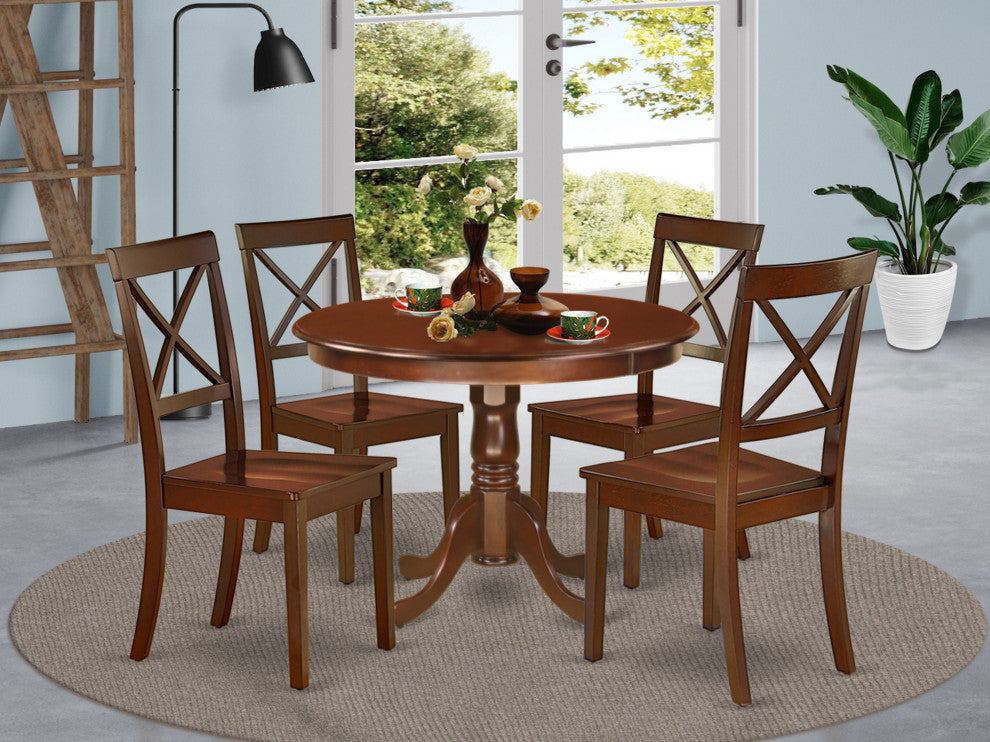 5Pc Rounded 42"Dinner Table And Four Wood Seat Kitchen Chairs